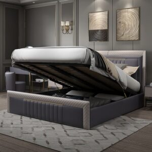 Olea Bed and Nightstand Set presented in a contemporary bedroom with side perspective