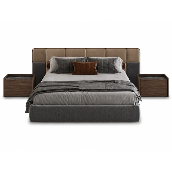 Mara Bed and Nightstand Set presented in a clean bedroom with wide room view