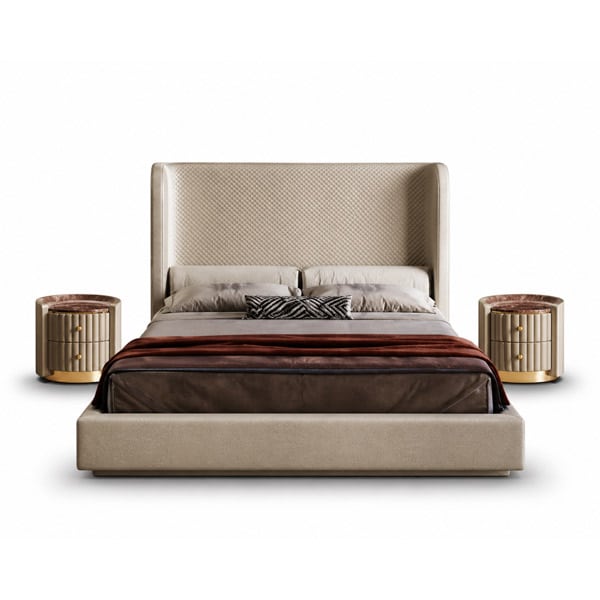 Bedroom Bed and Nightstand Set presented in a modern bedroom with premium showroom perspective with a clear product perspective