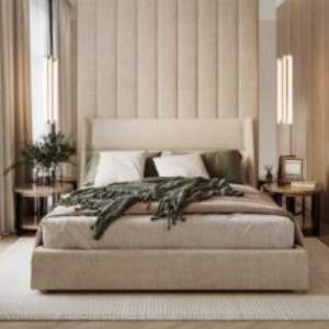 Bedroom Bed and Nightstand Set presented in a cozy bedroom with smart lifestyle perspective with a clear product perspective