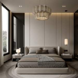 Bedroom Bed and Nightstand Set presented in a classic bedroom with airy lifestyle perspective with a clear product perspective