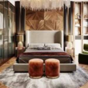 Bedroom Bed and Nightstand Set presented in a comfortable bedroom with cozy showroom perspective with a clear product perspective