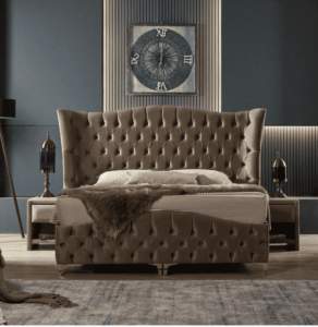 Bedroom Bed and Nightstand Set presented in a modern bedroom with premium detail perspective with a clear product perspective