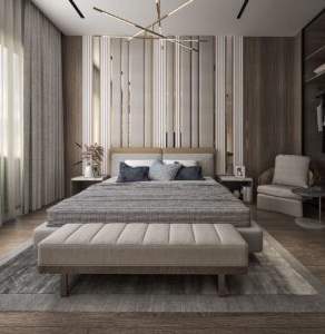Bedroom Bed and Nightstand Set presented in a cozy bedroom with smart corner perspective with a clear product perspective