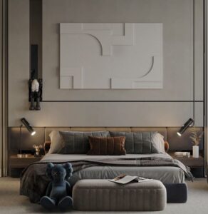 Bedroom Bed and Nightstand Set presented in a stylish bedroom with balanced detail perspective with a clear product perspective