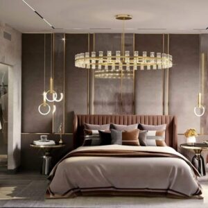 Bedroom Bed and Nightstand Set presented in a cozy bedroom with serene front perspective with a clear product perspective