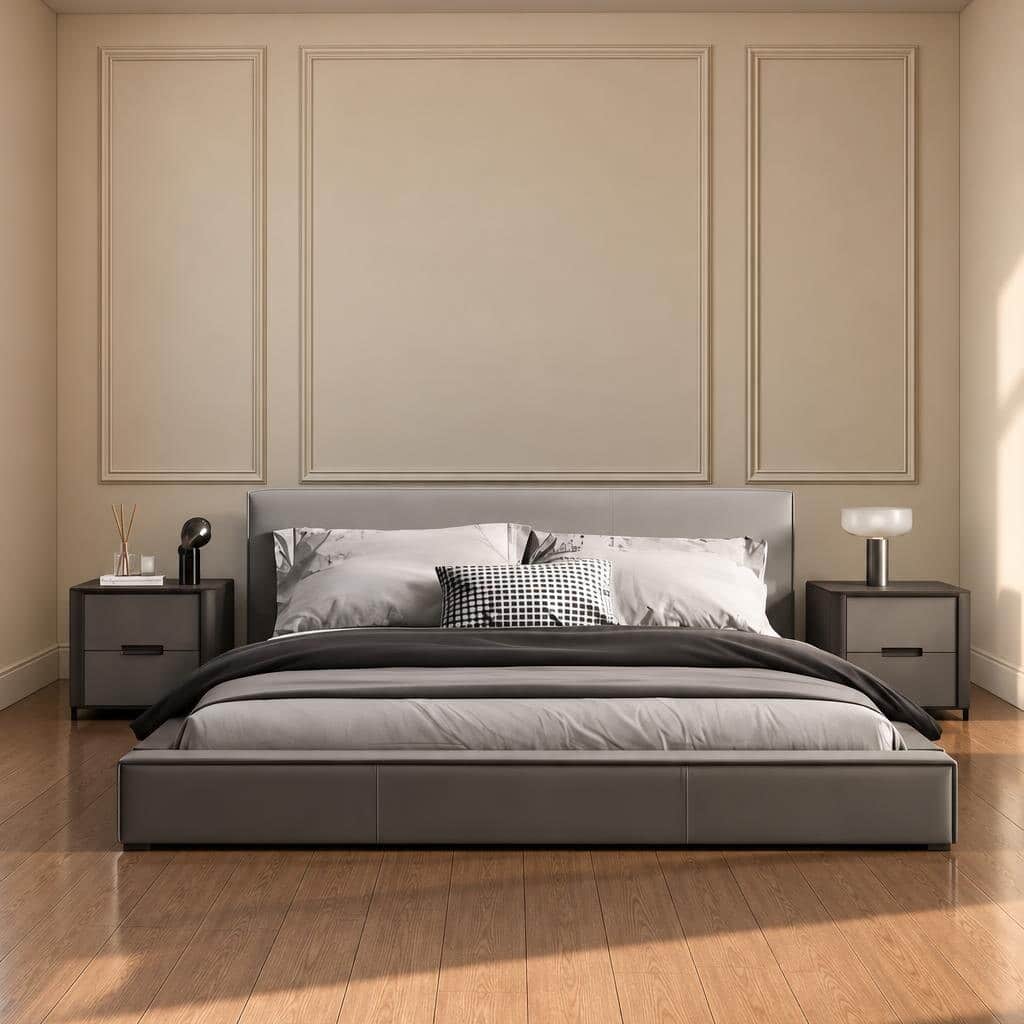 Bedroom Bed and Nightstand Set presented in a cozy bedroom with smart detail perspective