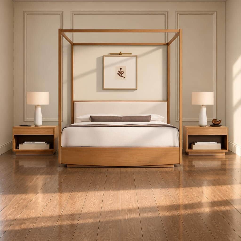 Bedroom Bed and Nightstand Set presented in a stylish bedroom with balanced detail perspective