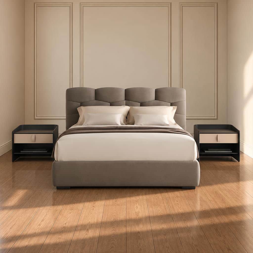 Tilo Bed and Nightstand Set presented in a contemporary bedroom with side perspective