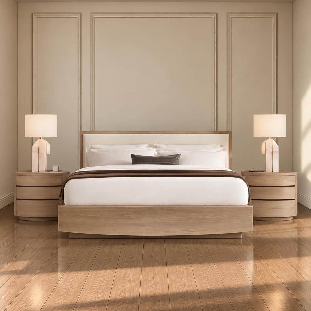 Tali Bed and Nightstand Set presented in a elegant bedroom with corner room view