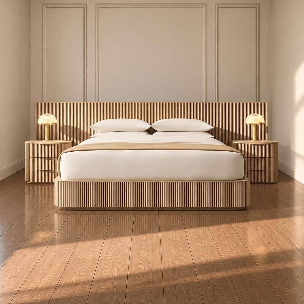 Rira Bed and Nightstand Set presented in a contemporary bedroom with side perspective
