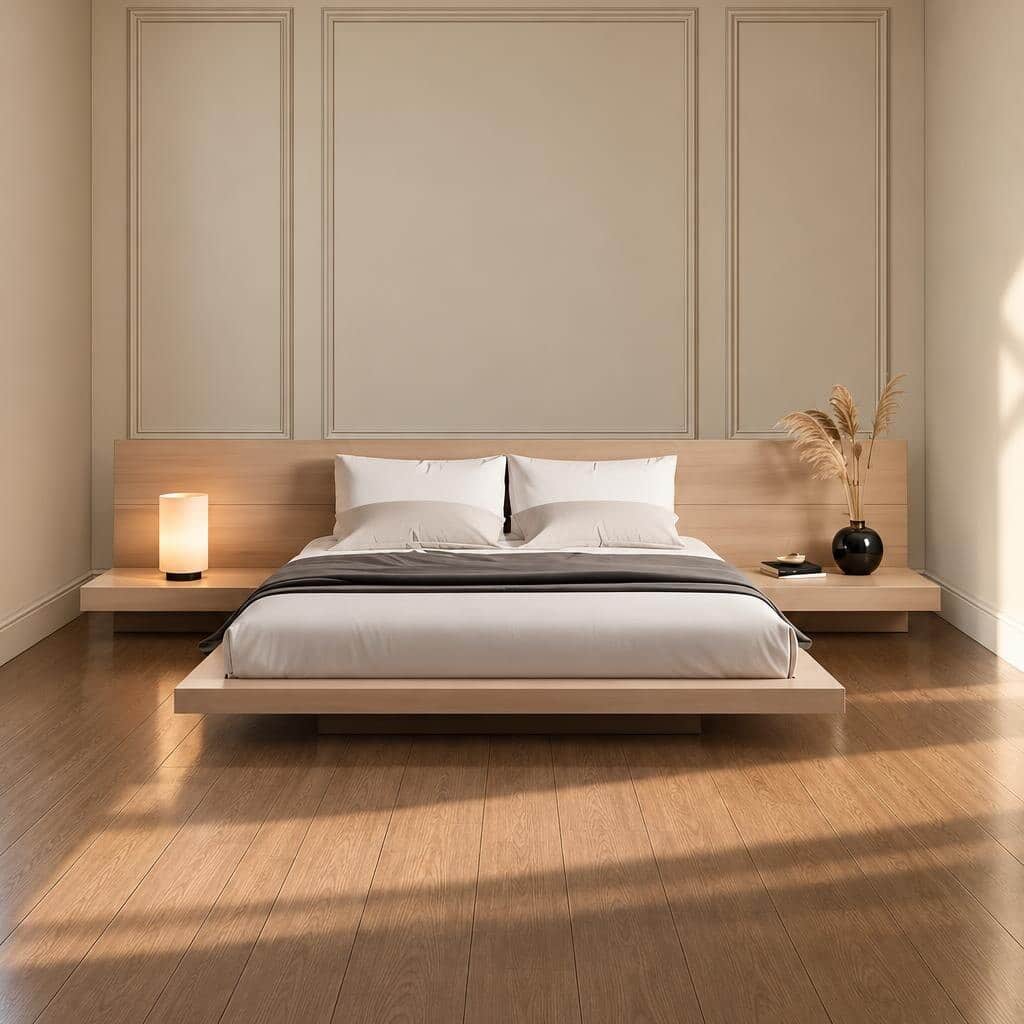 Bedroom Bed and Nightstand Set presented in a clean bedroom with sleek detail perspective