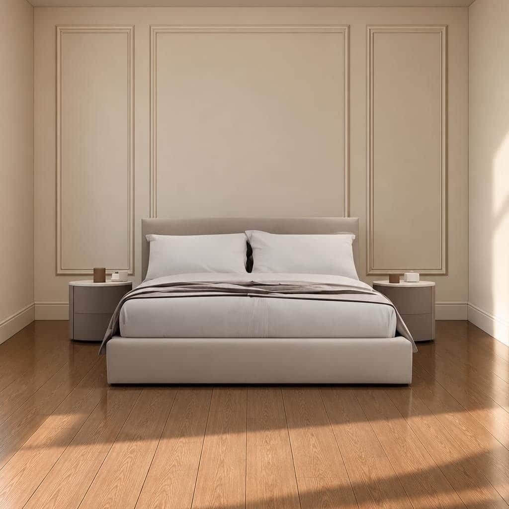 Bedroom Bed and Nightstand Set presented in a classic bedroom with airy showroom perspective