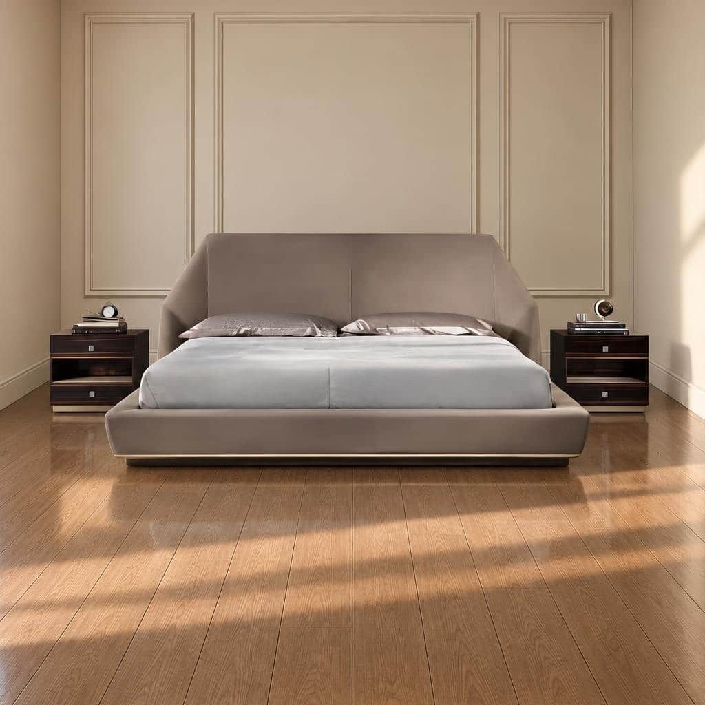 Bedroom Bed and Nightstand Set presented in a contemporary bedroom with neat showroom perspective