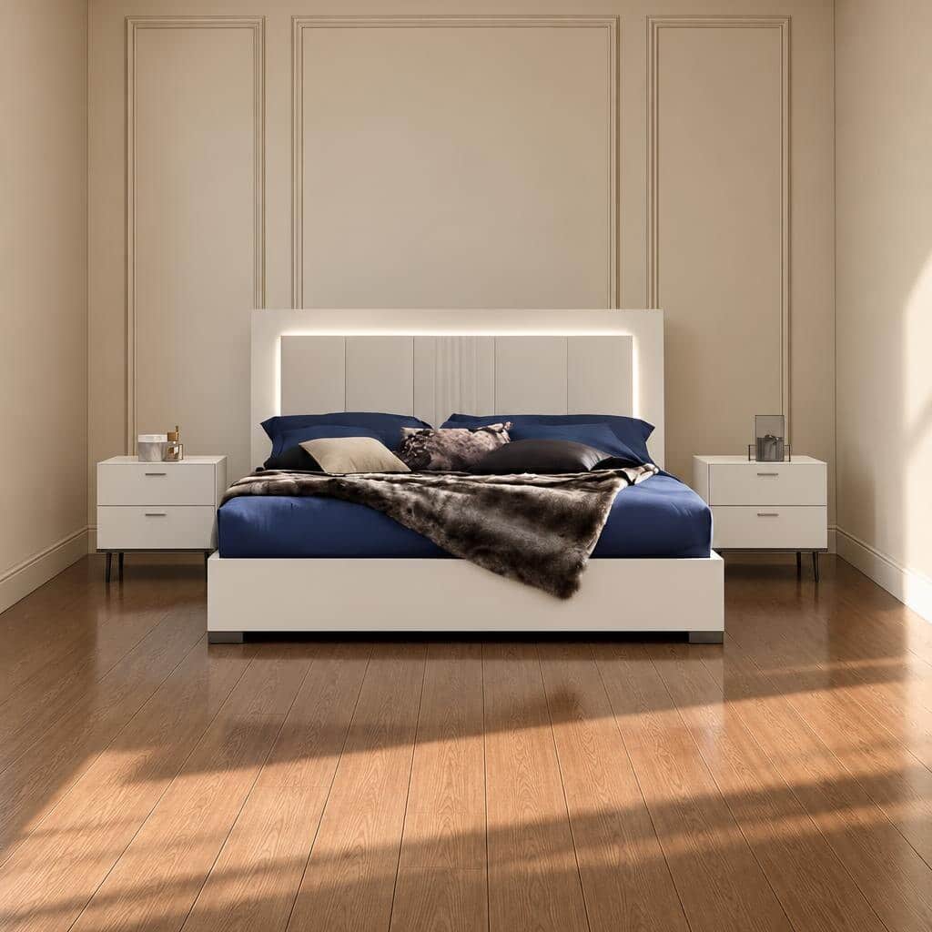 Bedroom Bed and Nightstand Set presented in a cozy bedroom with serene room perspective