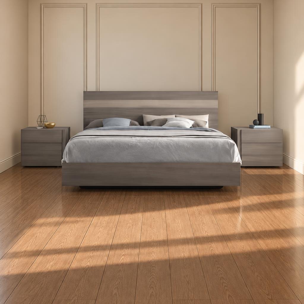 Viva Bed and Nightstand Set presented in a clean bedroom with wide room view
