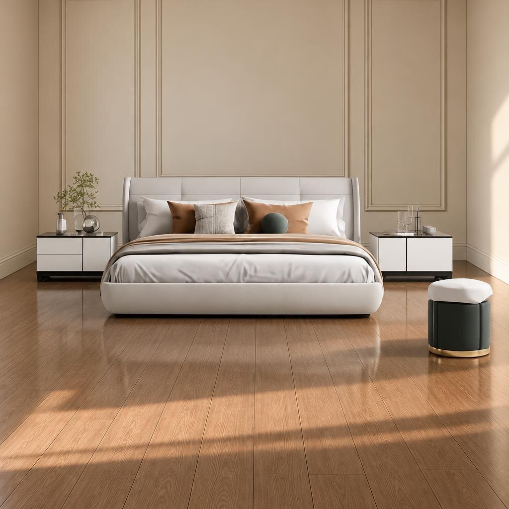 Bedroom Bed and Nightstand Set presented in a comfortable bedroom with cozy lifestyle perspective