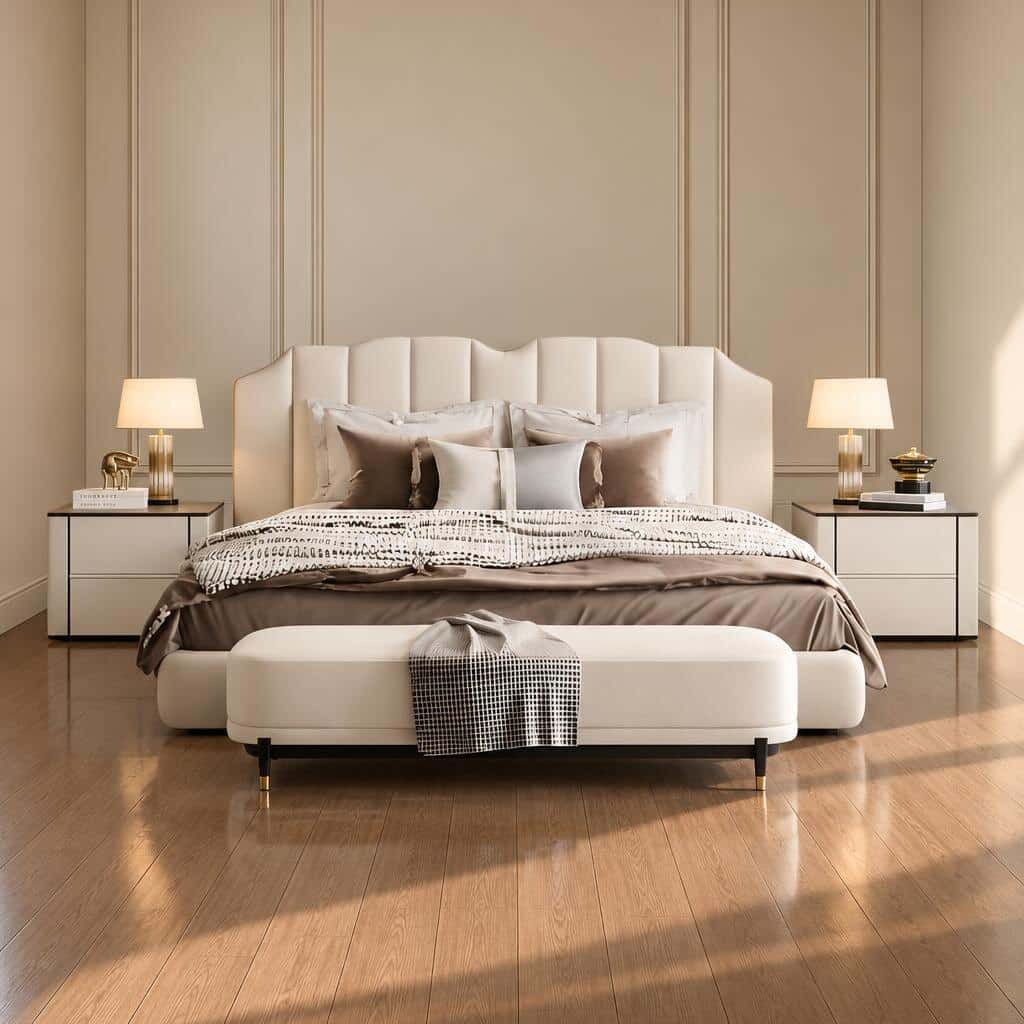 Bedroom Bed and Nightstand Set presented in a cozy bedroom with smart lifestyle perspective