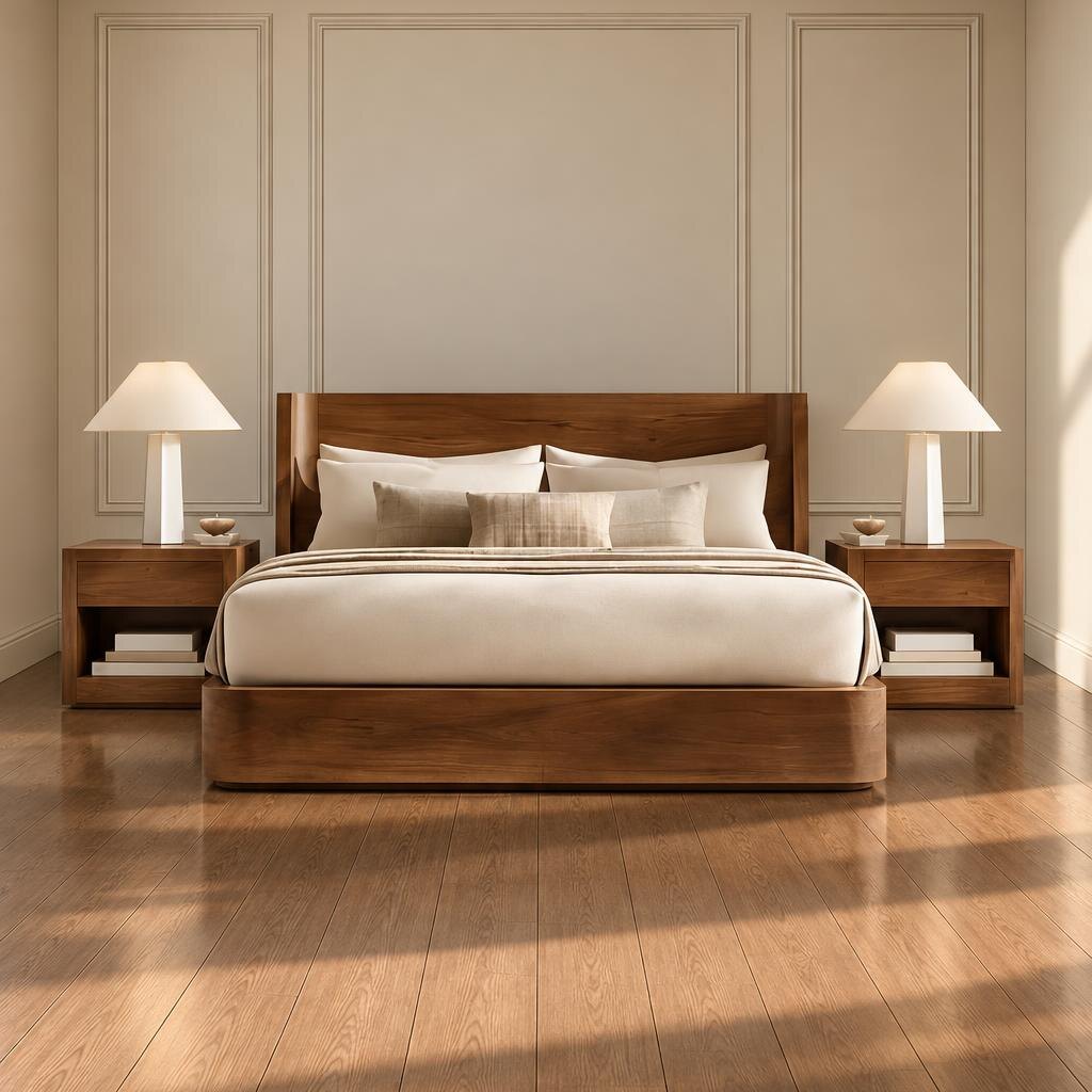Bedroom Bed and Nightstand Set presented in a cozy bedroom with smart corner perspective