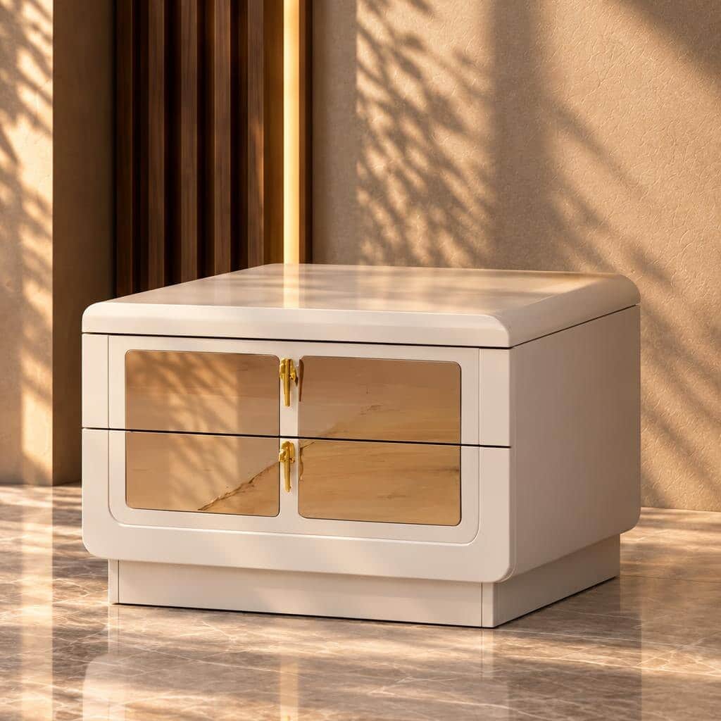 Bedroom Bed and Nightstand Set presented in a clean bedroom with calm side perspective